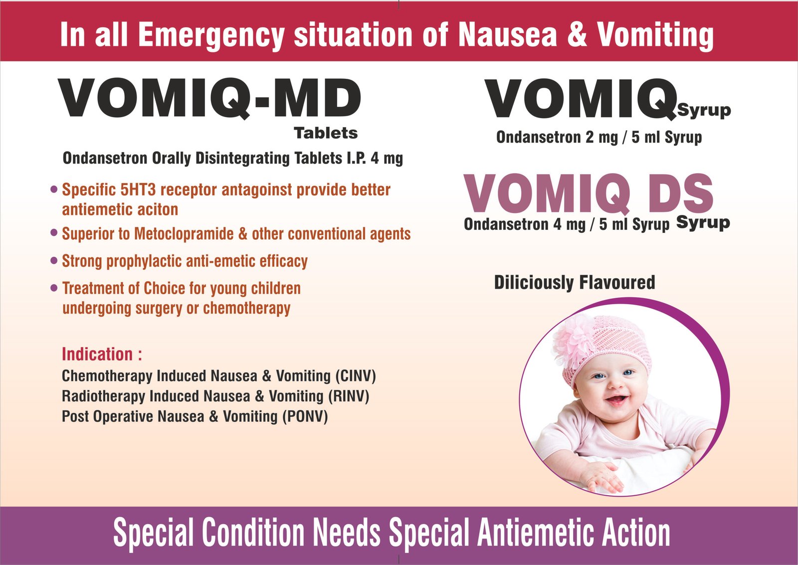 VOMIQ-MD Tablets | Ondansetron 4 mg VOMIQ Syrup | Ondansetron Oral Solution 2 mg/5 mL VOMIQ DS Syrup | Ondansetron 4 mg/5 mL Paediatric Solution