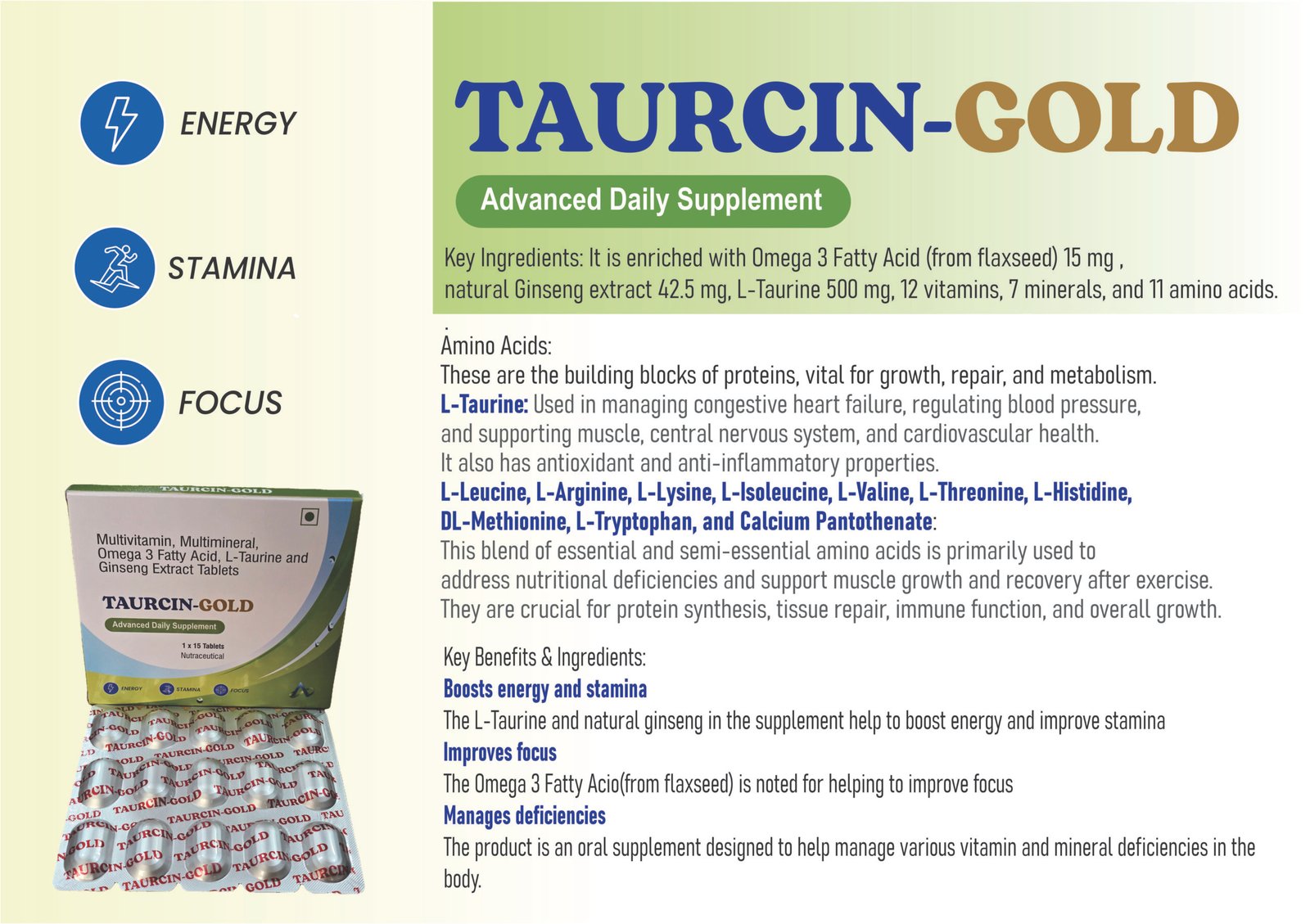 TAURCIN-GOLD – L-Taurine, Multivitamin, Omega-3 & Ginseng