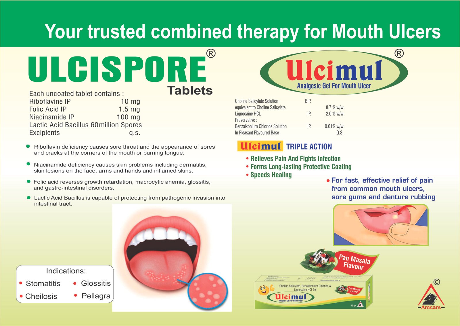 UlciSpore Tablets – Mouth Ulcer Tablet | Riboflavin & Folic Acid Ulcimul Gel | Mouth Ulcer Pain Relief | Amcare