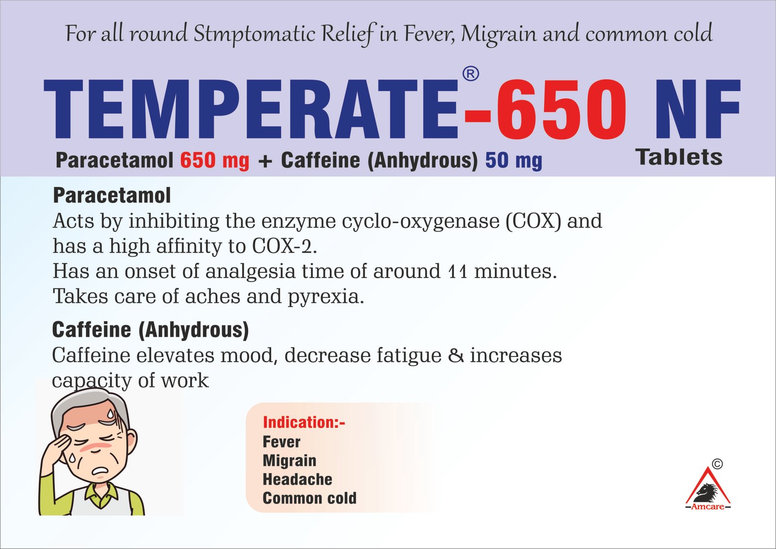 TEMPERATE-650 NF Tablets | Paracetamol 650 mg + Caffeine 50 mg