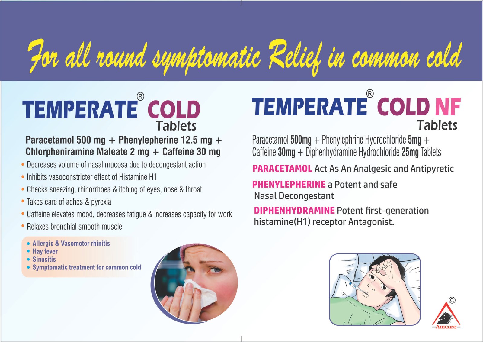 TEMPERATE COLD Tablets | Paracetamol + Phenylephrine + CPM + Caffeine